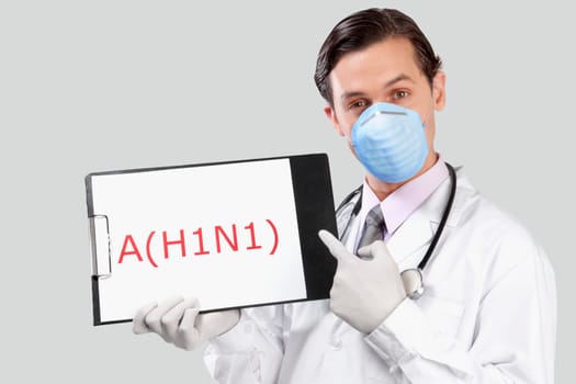 Portrait of a doctor showing H1N1 sign