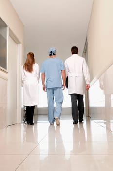 Rear view of three doctors walking in a hospital corridor