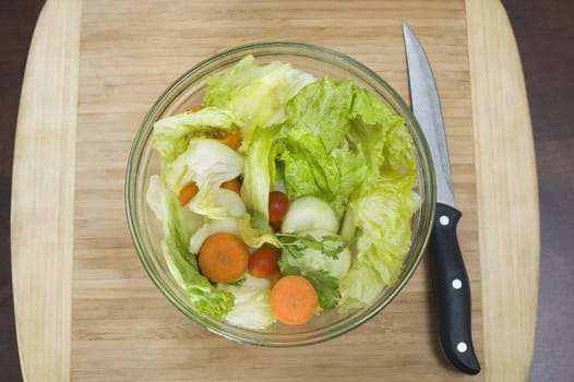 High angle view of a bowl of salad with a knife