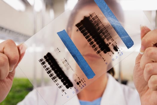 Female scientist examining a report in a laboratory