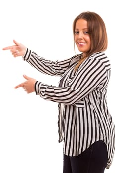 Young large beautiful woman presenting your product, isolated over white background