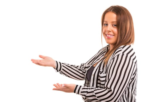 Young large beautiful woman presenting your product, isolated over white background