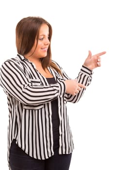 Young large beautiful woman presenting your product, isolated over white background