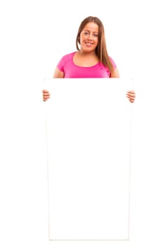 A beautiful large woman holding a white board