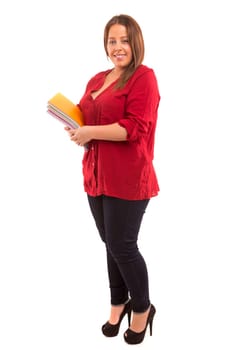 A beautiful large student woman, posing isolated over white background