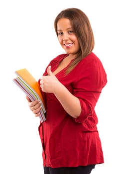 A beautiful large student woman, posing isolated over white background
