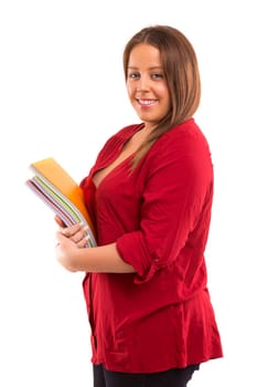 A beautiful large student woman, posing isolated over white background
