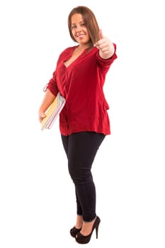 A beautiful large student woman, posing isolated over white background