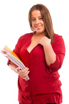 A beautiful large student woman, posing isolated over white background