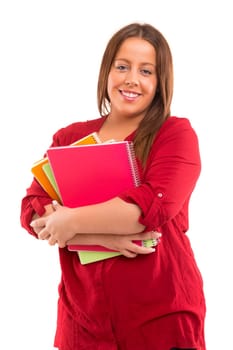 A beautiful large student woman, posing isolated over white background