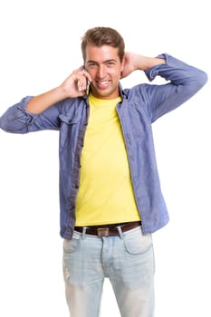Young man at the phone, isolated over white