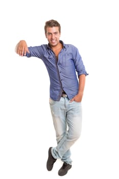 Young man presenting your product, isolated over a white background