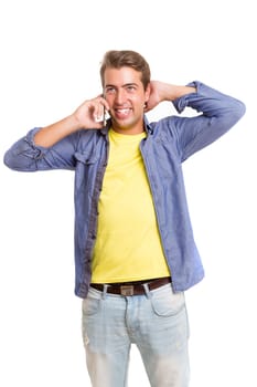 Young man at the phone, isolated over white