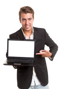 Young man presenting your product in a laptop computer
