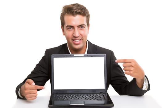 Young man presenting your product in a laptop computer