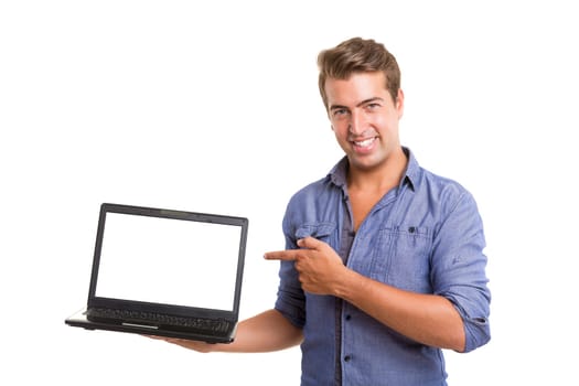 Young man presenting your product in a laptop computer