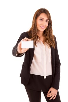 Happy young woman showing greeting card, isolated over white