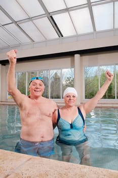Couple smiling in a swimming pool with their hands raised