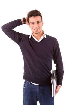 Young happy student posing isolated over white background