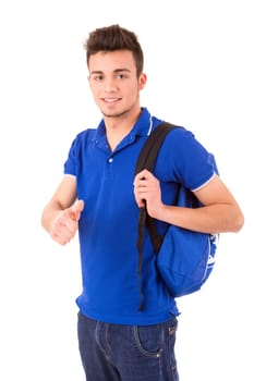Young happy student posing isolated over white background