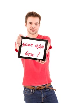 Happy young man presenting your product in a tablet computer