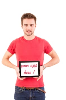 Happy young man presenting your product in a tablet computer