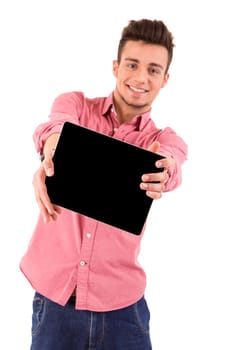 Happy young man presenting your product in a tablet computer