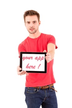 Happy young man presenting your product in a tablet computer