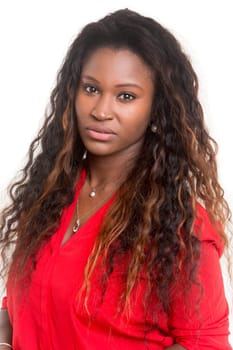 Beautiful young african woman posing isolated over white