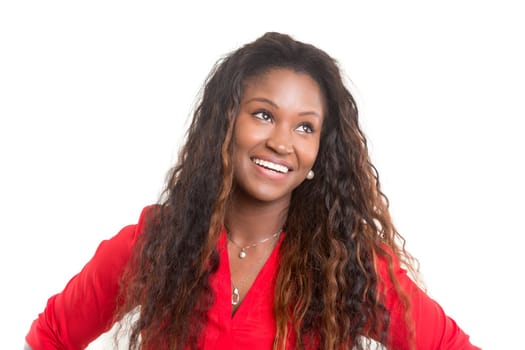 Beautiful young african woman posing isolated over white