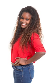 Beautiful young african woman posing isolated over white