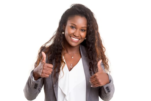 Beautiful young woman signaling ok, isolated over white