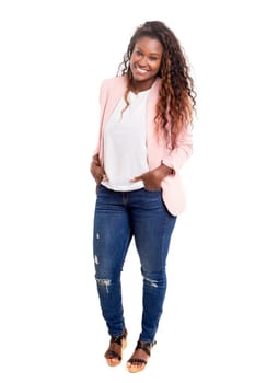 Beautiful young african woman posing isolated over white