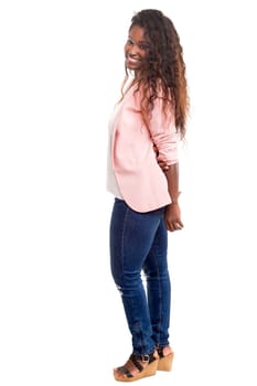 Beautiful young african woman posing isolated over white