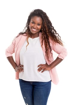 Beautiful young african woman posing isolated over white