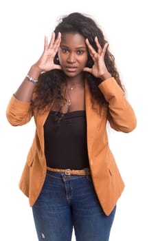 A worried young african woman, isolated over white