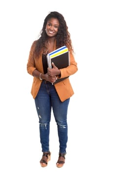 Beautiful african student woman posing isolated over white background