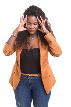 A worried young african woman, isolated over white