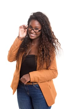Beautiful young african woman posing isolated over white