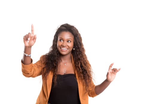 Young beautiful woman presses key, isolated over white