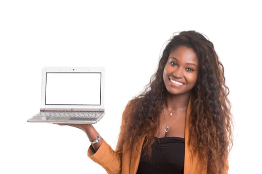 Young african woman presenting your product on a laptop computer