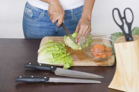 Mid section view of a woman chopping lettuce