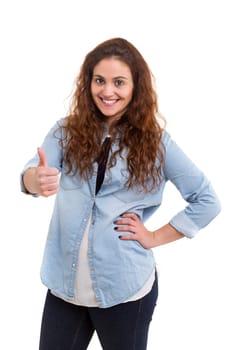 Beautiful young woman signaling ok, isolated over white