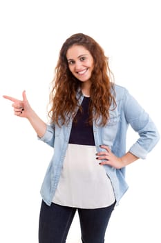 Young beautiful woman presenting your product, isolated over white background