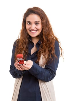 Surprised young woman isolated over white background