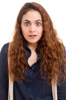 Surprised young woman isolated over white background