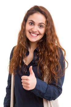 Beautiful young woman signaling ok, isolated over white