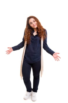 Woman with open hands asking sorry, isolated