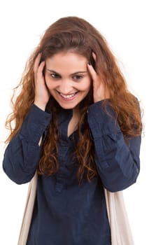 Surprised young woman isolated over white background