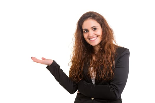 Young beautiful woman presenting your product, isolated over white background